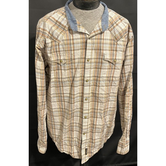 Wrangler Retro Shirt Mens 2XL Brown Blue Plaid Western Snap Denim Collar - Picture 4 of 9